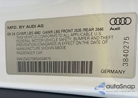 2025 Audi A5 Sportback Premium 45 Tfsi S Line Quattro S Tronic из США, поврежденный, VIN WAUDACF58SA004679